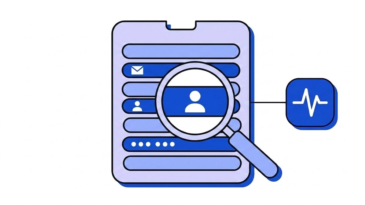 Flat illustration of a webhook payload inspected under a magnifying glass: the email, name and IP fields are highlighted as personal data, connected to a blue pulse node.