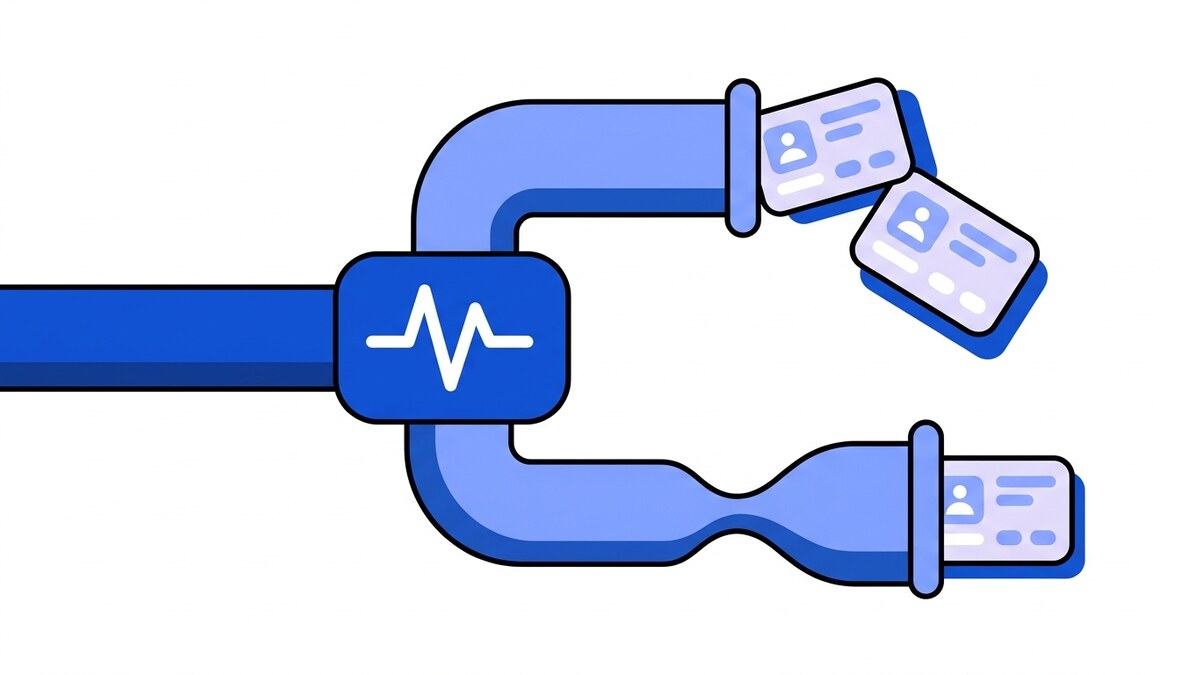 Flat illustration of at-least-once versus exactly-once delivery: a pipe forking from a pulse node, one branch spilling duplicate messages, the other pinching down to a single one.