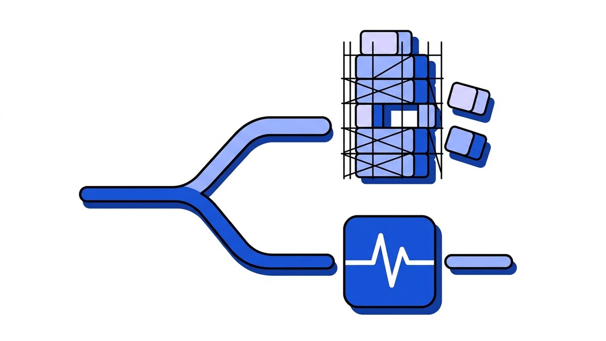 Flat illustration of build versus buy webhook infrastructure: one path forking to a half-built tower in scaffolding with pieces still missing, the other to a finished blue block carrying the Webhooker pulse.