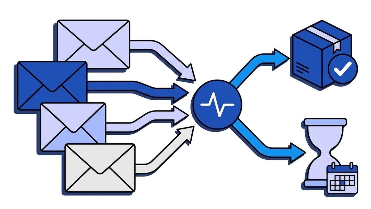 Flat illustration of Stripe events as envelopes flowing into the blue Webhooker pulse node, which forks into a shipped parcel with a check mark and an hourglass with a calendar for a delayed bank payment.