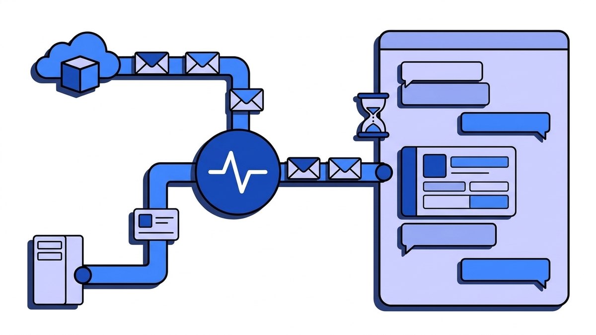 Flat illustration of Discord webhooks: a server and a cloud provider send message cards and envelopes through pipes into the blue Webhooker pulse node, which passes them into a chat window holding message bubbles and an embed card with a coloured stripe, while an hourglass beside the window stands for rate limits.