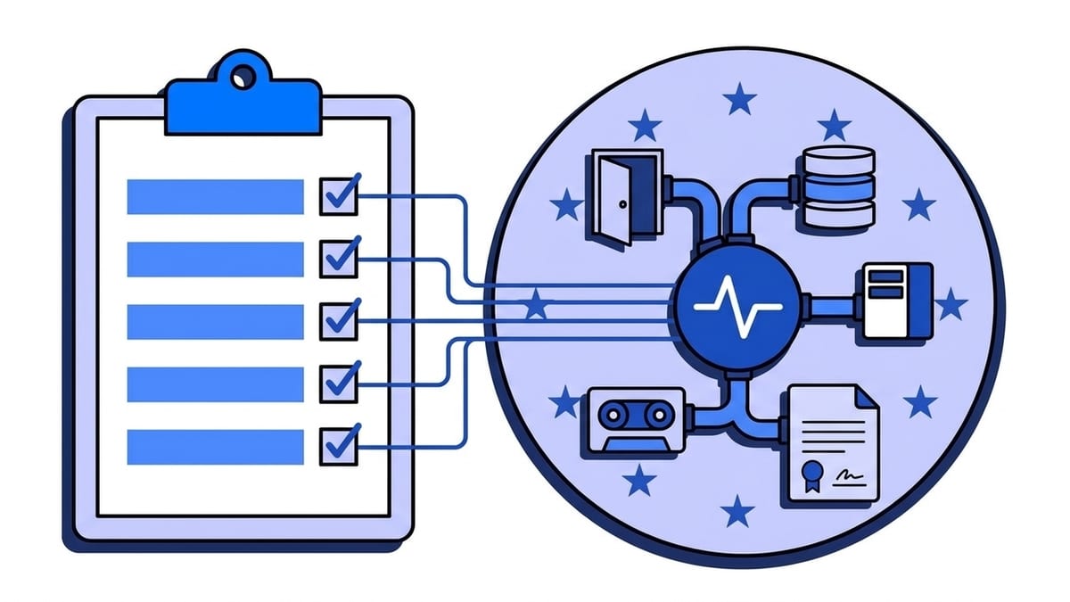 Flat illustration of a procurement checklist on a clipboard: each ticked row connects by a thin line to one part of a webhook pipeline inside a ring of European stars (an ingest door, a database, a worker, a backup drive and a signed contract), with the blue Webhooker pulse node in the centre of the pipeline.