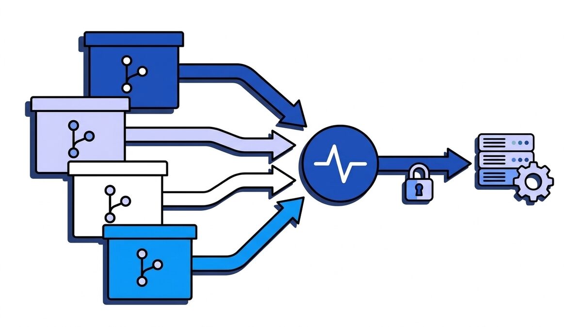 Flat illustration of Git webhooks: four repository boxes with branch symbols send arrows into the blue Webhooker pulse node, which forwards them past a padlock to a server rack with a CI gear.
