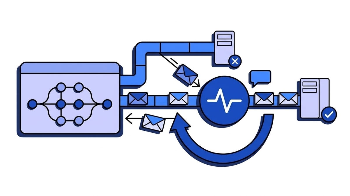 Flat illustration of GitHub webhook delivery: a git branch graph with commit dots sends envelopes toward a server, one envelope falls short with a cross and no retry arrow, while the others pass through the blue Webhooker pulse node, which loops one envelope back for another attempt and lines the rest up next to a server with a checkmark.