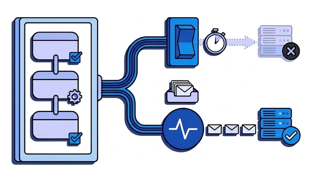 Flat illustration of GitLab webhook delivery: a CI pipeline panel sends events down two cables; the upper cable ends at a rocker switch flipped off beside a stopwatch, with a dotted line to a greyed-out server marked with a cross, while the lower cable runs through the blue Webhooker pulse node, past a tray of stored envelopes, and delivers a row of envelopes to a server with a checkmark.