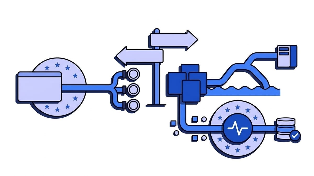 Flat illustration of a road sign with two arrows pointing in opposite directions: the left arrow leads from an app block inside a ring of European stars out to many customer endpoints, the right arrow leads from provider blocks across an ocean into a distant server, and below them a third short pipe carries provider events into the blue Webhooker pulse node inside the star ring.