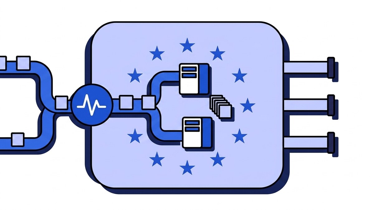 Flat illustration of EU data residency: webhook events flow into a star-ringed European perimeter holding the servers and the blue pulse node, while three outbound pipes on the right are capped off.