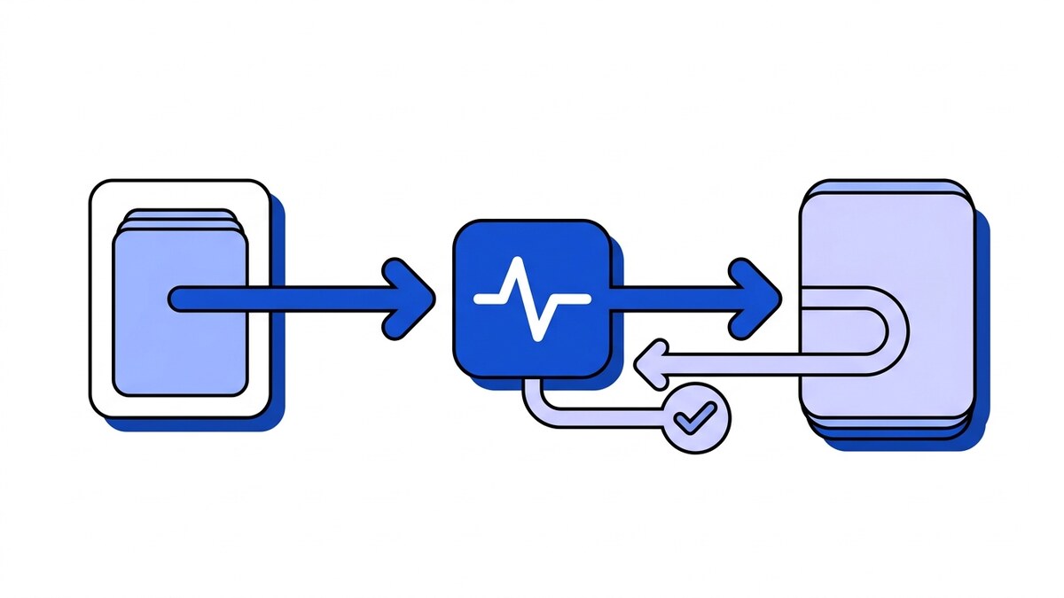 Flat illustration of how webhooks work: an event card sent through a blue pulse node to a receiver, with an acknowledgement looping back.
