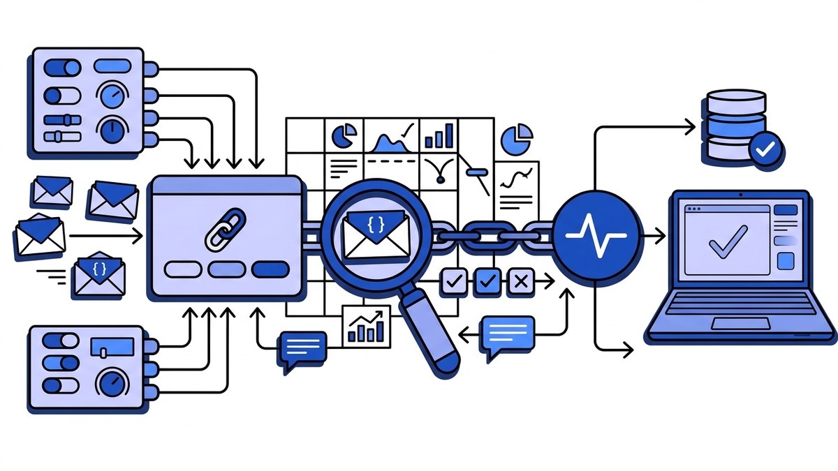 Flat illustration of webhook testing: an envelope of JSON passes through a magnifying glass and a row of check and cross marks into the blue Webhooker pulse node, which sends it on to a laptop showing a 200 response.