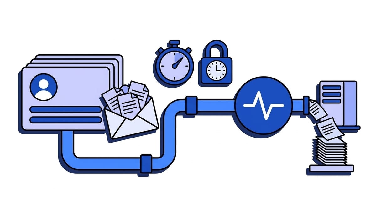 Flat illustration of CRM webhook delivery: a stack of contact cards sends one bundled envelope holding several small slips, the bundle passes a stopwatch and a padlock with a clock face, goes through the blue Webhooker pulse node, and the slips land one by one in a tidy queue beside a server.