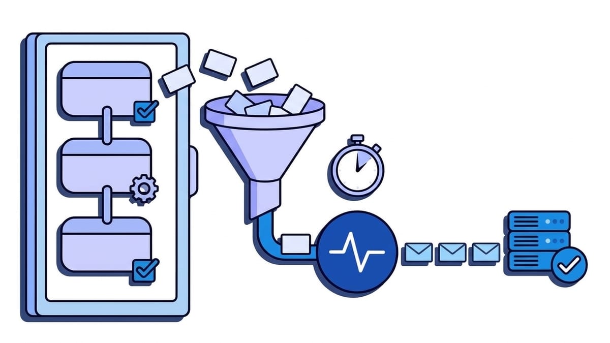 Flat illustration of Jira webhook filtering and delivery: a board of issue cards on the left throws cards into a funnel that stands for a JQL filter, only one card comes out of the funnel onto a cable that runs through the blue Webhooker pulse node, a stopwatch above the cable stands for the retry delay, and a row of envelopes reaches a server with a checkmark.