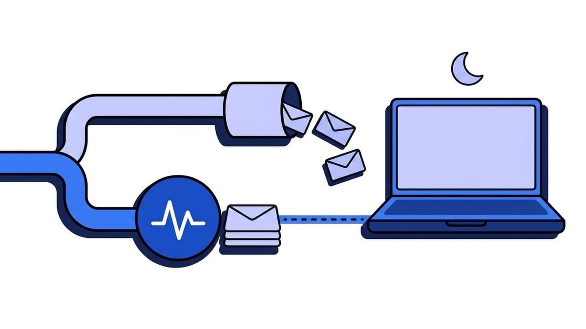 Flat illustration of receiving webhooks while a laptop sleeps under a crescent moon: envelopes spill out of an open tunnel pipe, while a second pipe runs through the blue Webhooker pulse node where envelopes wait in a stack with a dashed line to the laptop.