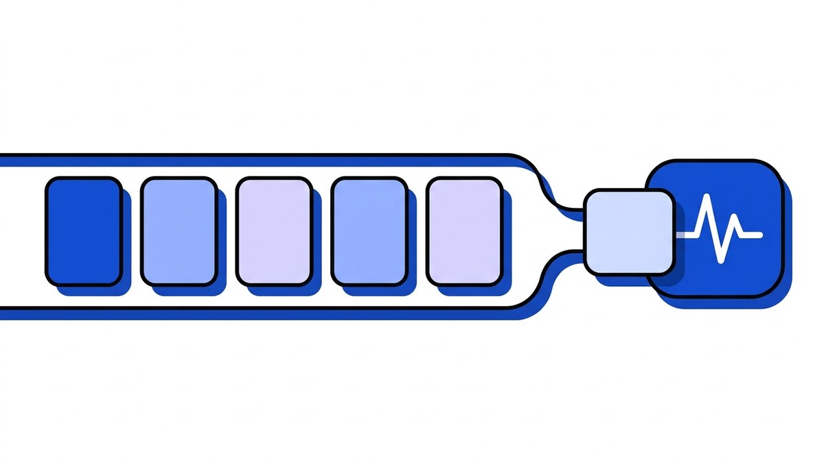Flat illustration of FIFO webhook ordering: five cards queued single file in a channel, released one at a time through a narrow neck into a blue pulse node.