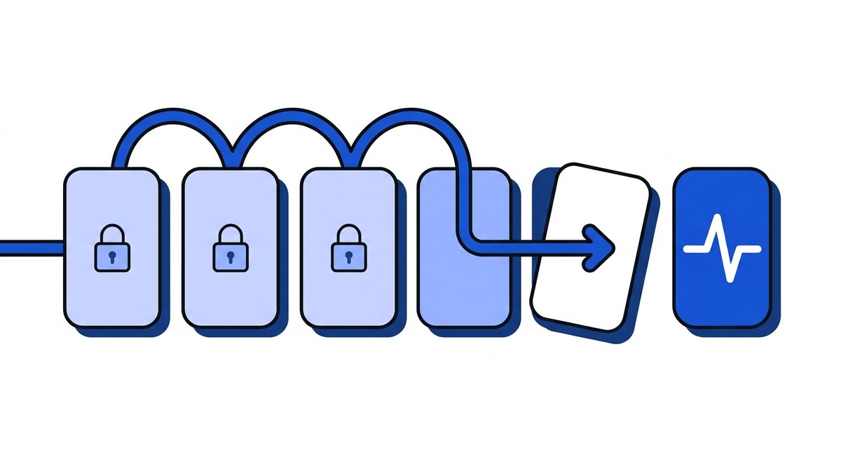 Flat illustration of FOR UPDATE SKIP LOCKED: a worker arrow hopping over padlocked rows to claim the first unlocked job for a blue pulse node.