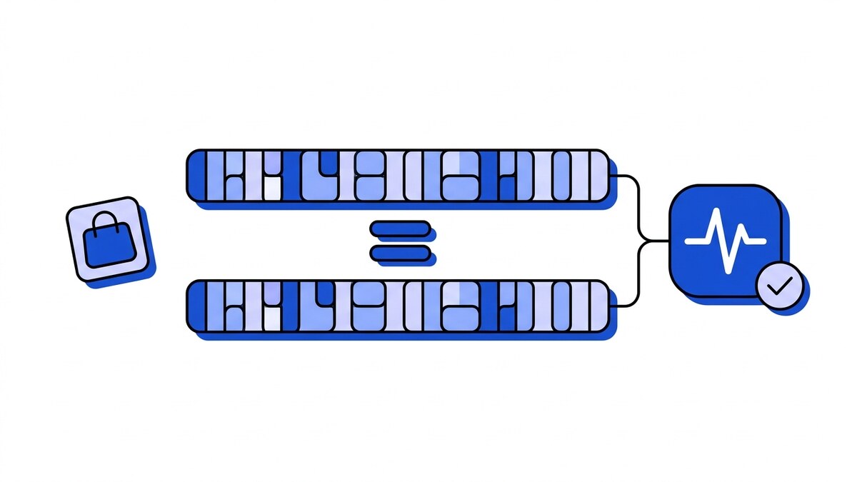 Flat illustration of Shopify HMAC verification: two equal-length digests compared segment by segment, matching, and accepted by a blue pulse node.