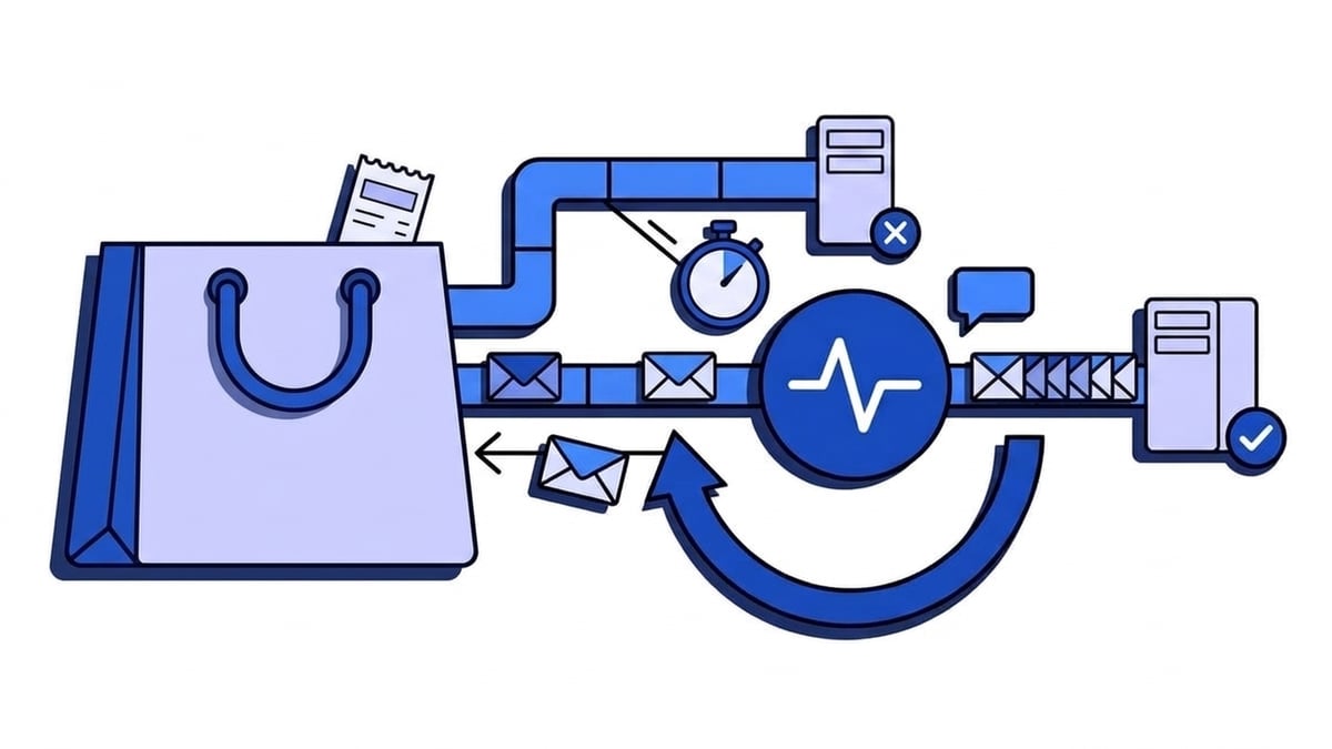 Flat illustration of Shopify webhook delivery: a shopping bag with a receipt sends envelopes down a pipe; one branch runs past a stopwatch into a server marked with a cross, one envelope loops back as a retry, and a blue node carrying the Webhooker pulse lines the rest up next to a server with a checkmark.
