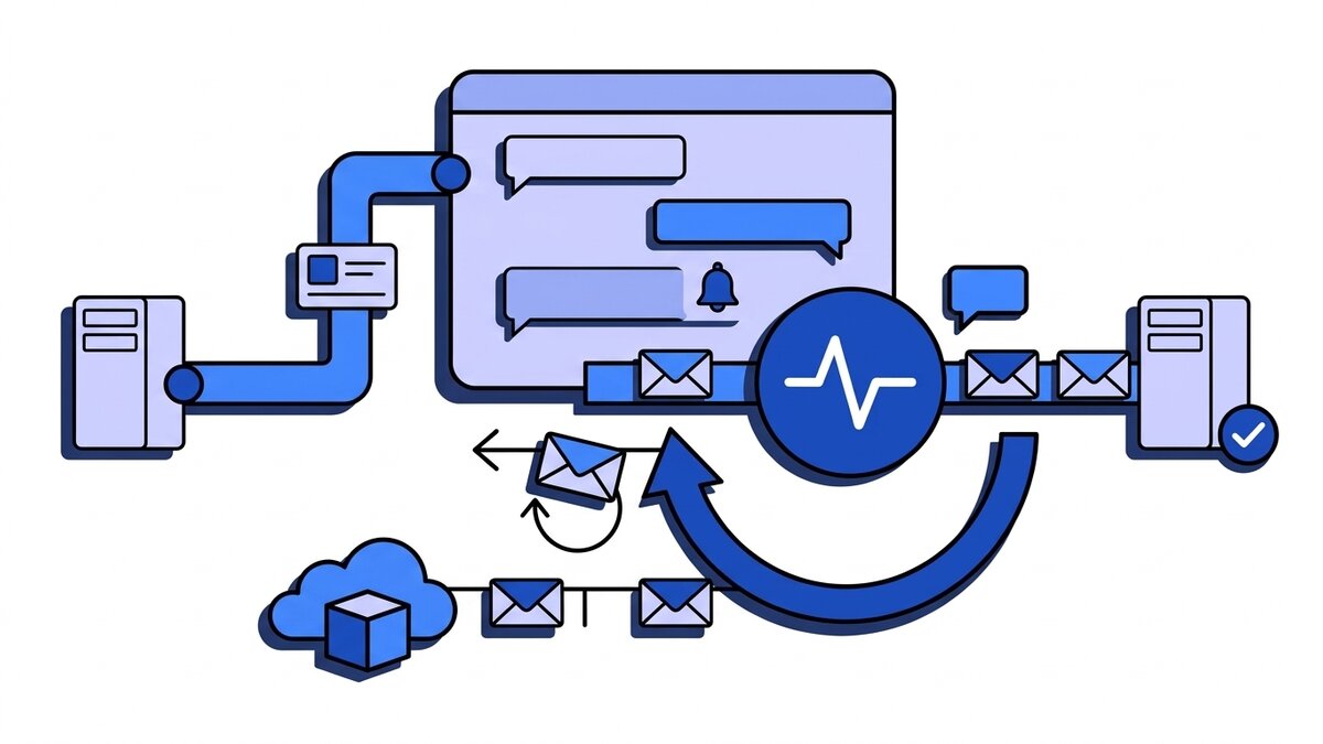 Flat illustration of Slack webhooks in two directions: a server sends a message card through a pipe into a chat window with message bubbles and a bell, while envelopes from a cloud provider pass through the blue Webhooker pulse node, one looping back for a retry, and line up next to a server with a checkmark.