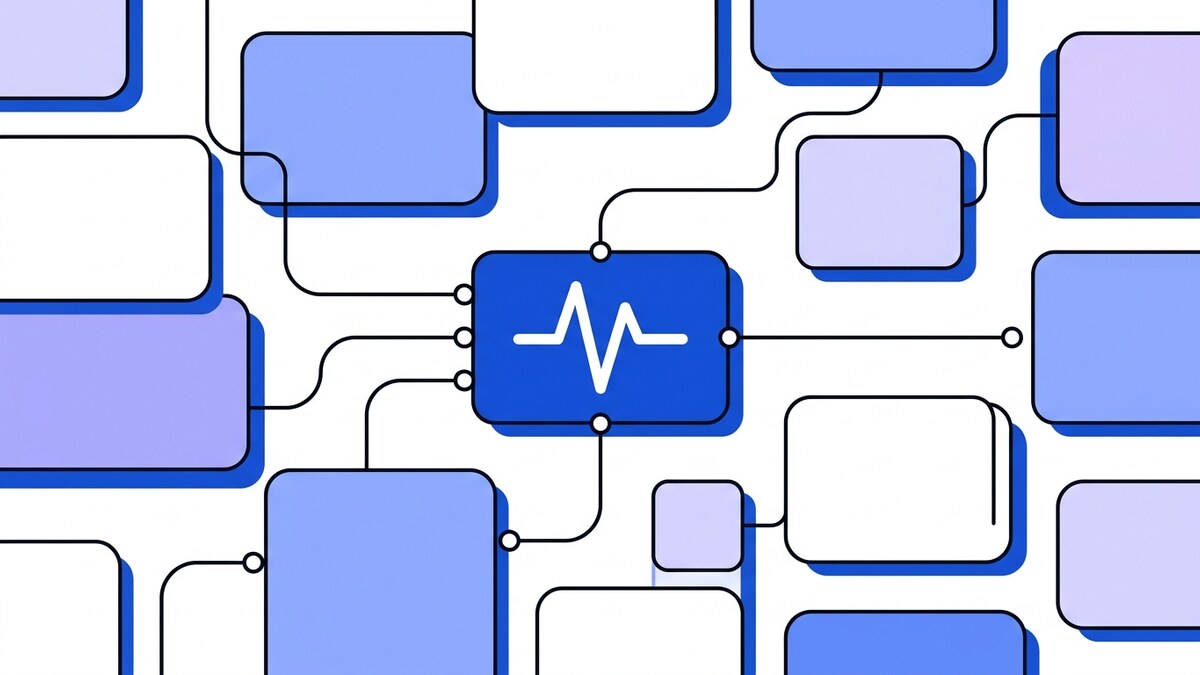Flat illustration of static outbound IPs: a field of connected cards routing into one blue node marked with the Webhooker pulse, with a single line leaving it.
