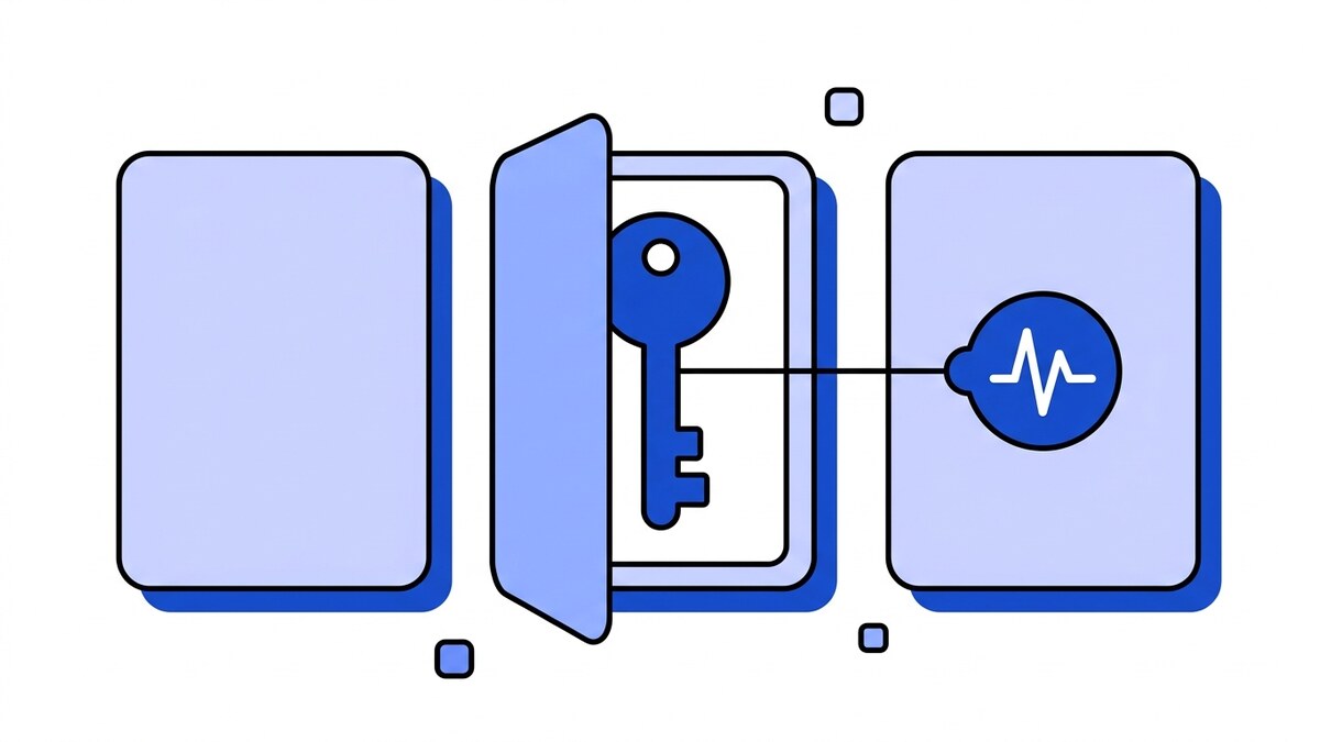 Flat illustration of the Stripe webhook signing secret: three panels with only the middle one open, revealing a single blue key wired to a pulse node.