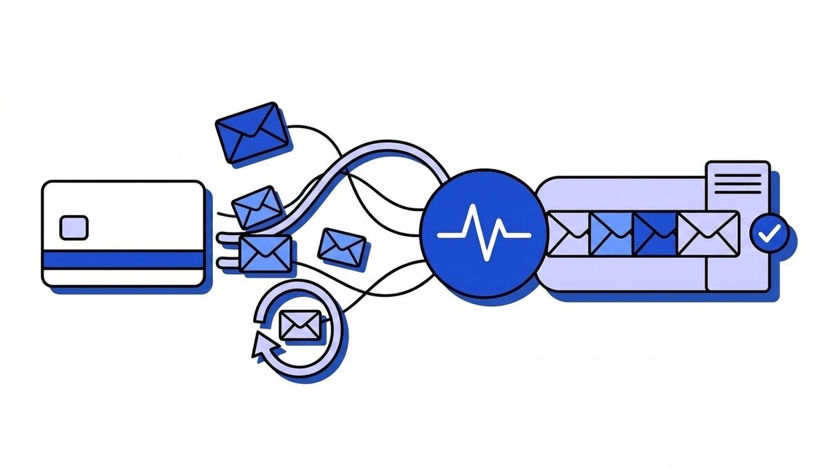 Flat illustration of Stripe webhook delivery: envelopes leave a payment card out of order, one looping back as a retry, pass through a blue pulse node and come out lined up in a queue next to a server with a checkmark.
