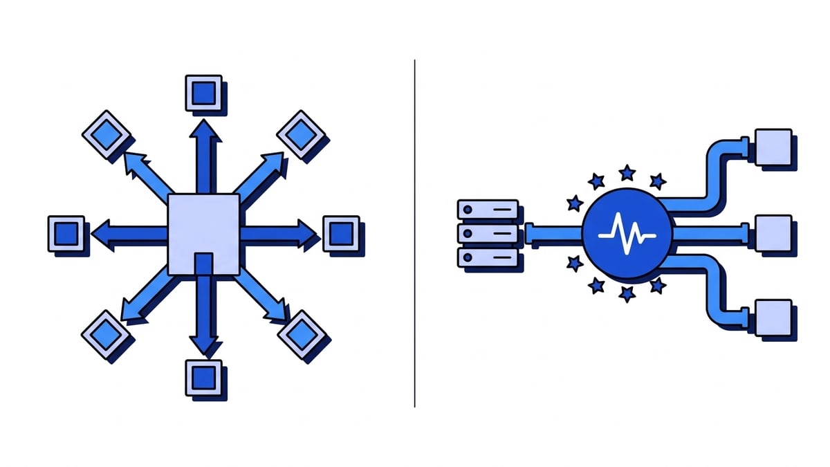 Flat illustration of the two directions of webhooks: on the left one block sends arrows out to many customer endpoints, on the right three providers feed pipes into the blue Webhooker pulse node inside a ring of European stars and on to a server.