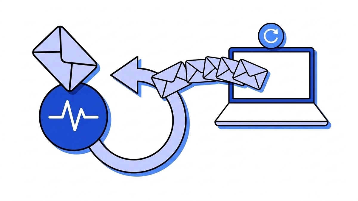 Flat illustration of webhook replay: one envelope enters a blue pulse node, and a looping arrow fans identical copies of it back out to a laptop.