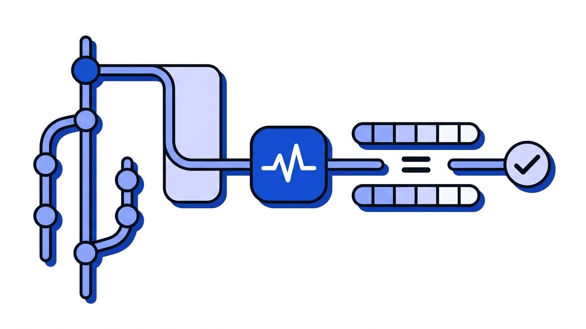 Flat illustration of GitHub webhook signature verification: a commit graph sending an event through a blue node with the Webhooker pulse to two identical digests matched by an equals sign and a checkmark.