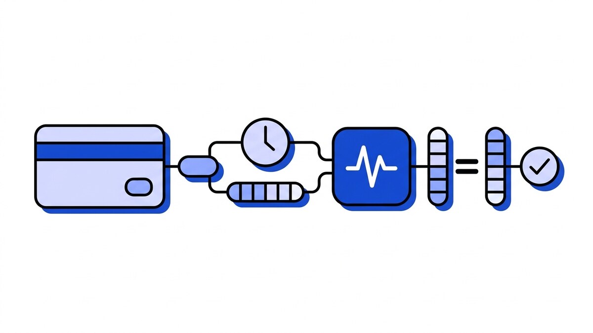 Flat illustration of Stripe webhook signature verification: a payment event split into a timestamp and a digest, hashed by a blue node carrying the Webhooker pulse and matched against the received digest with a checkmark.