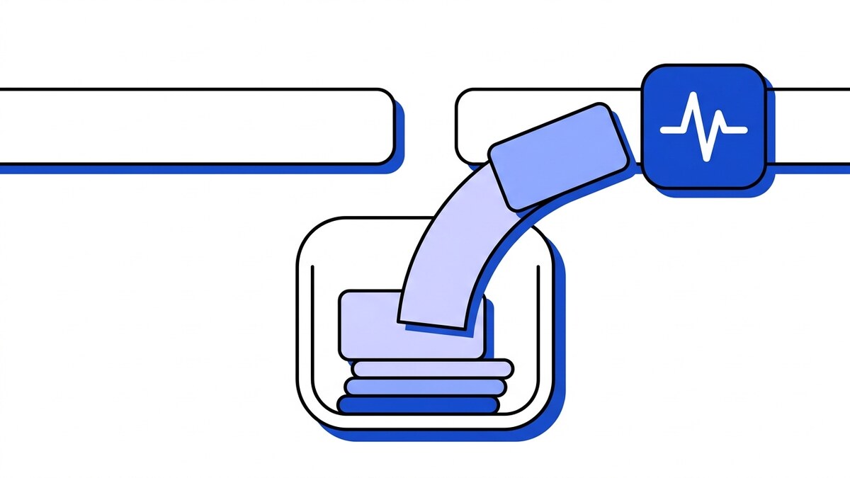 Flat illustration of a webhook dead letter queue: a broken delivery channel above a container of failed messages, one lifted back on an arc into a blue pulse node.