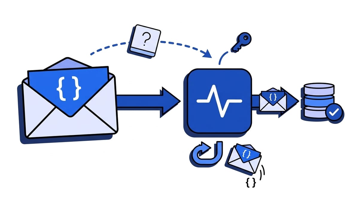 Flat illustration of webhook GET vs POST: an envelope of JSON travels along a thick arrow into the blue Webhooker pulse node and on to a storage stack with a check mark, a small question-mark card arrives on a dashed arrow and a key goes back, and below a U-turn arrow shows a redirected envelope spilling its contents.