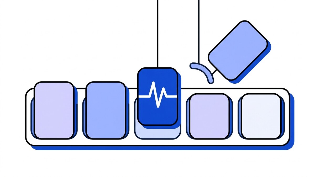 Flat illustration of idempotency keys: a row of slots where one message settles into the last free slot as a blue pulse card while its duplicate is deflected away.