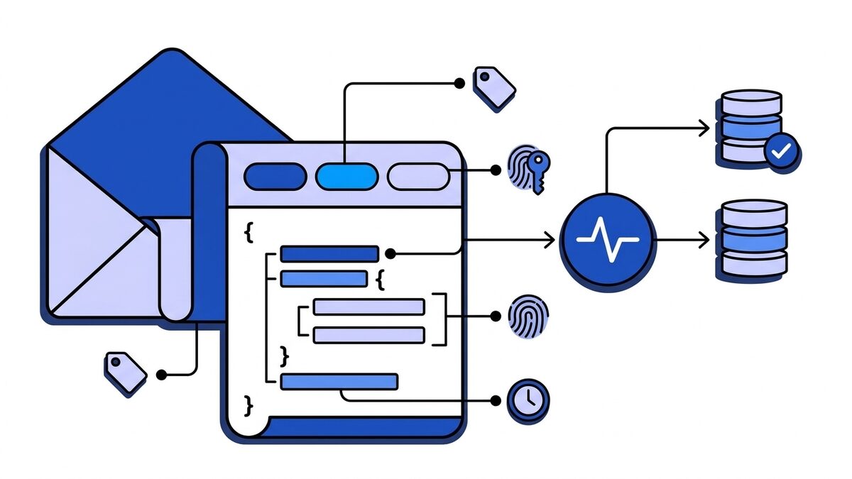 Flat illustration of a webhook payload: an envelope unfolds into a JSON document with a row of header pills, lines link its fields to a tag, a fingerprint key and a clock, and an arrow carries it through the blue Webhooker pulse node to two databases.