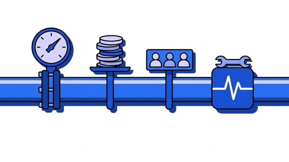 Flat illustration of webhook pricing models: one pipe carrying the same traffic, metered four different ways by a dial gauge, a stack of coins, a row of seats, and a self-hosted unit with a wrench that is a blue node carrying the Webhooker pulse.