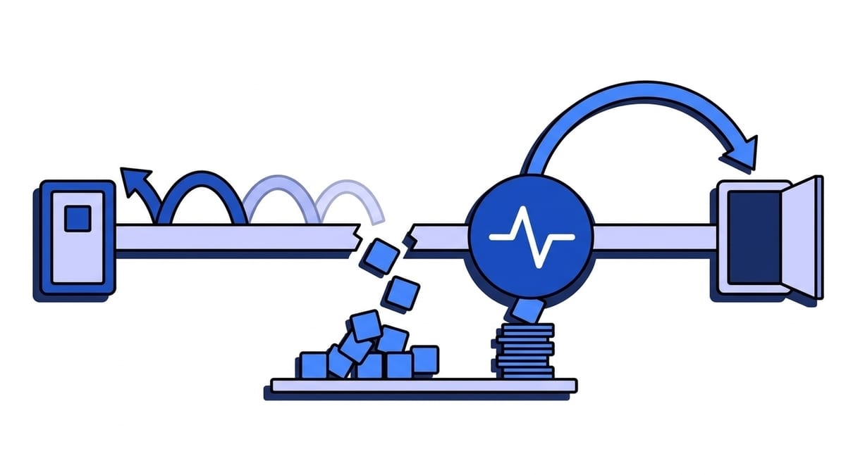 Flat illustration of a timeline with a gap in the middle: on the left, short retry arcs bounce against a closed endpoint and fade out, while the missed events drop into a storage shelf below; on the right, the blue Webhooker pulse node lifts the stored events from the shelf and sends them in one long arc to the reopened endpoint.