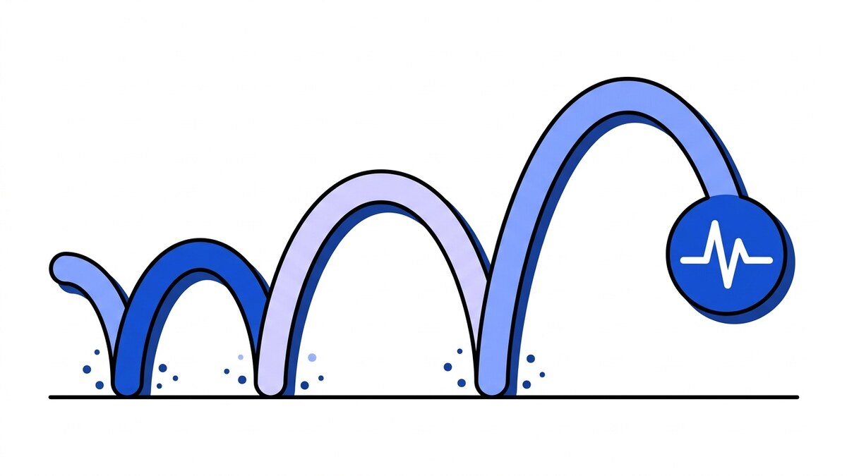Flat illustration of exponential backoff with jitter: bounce arcs of doubling width scattering dots at each landing, the last ending at a blue pulse node.