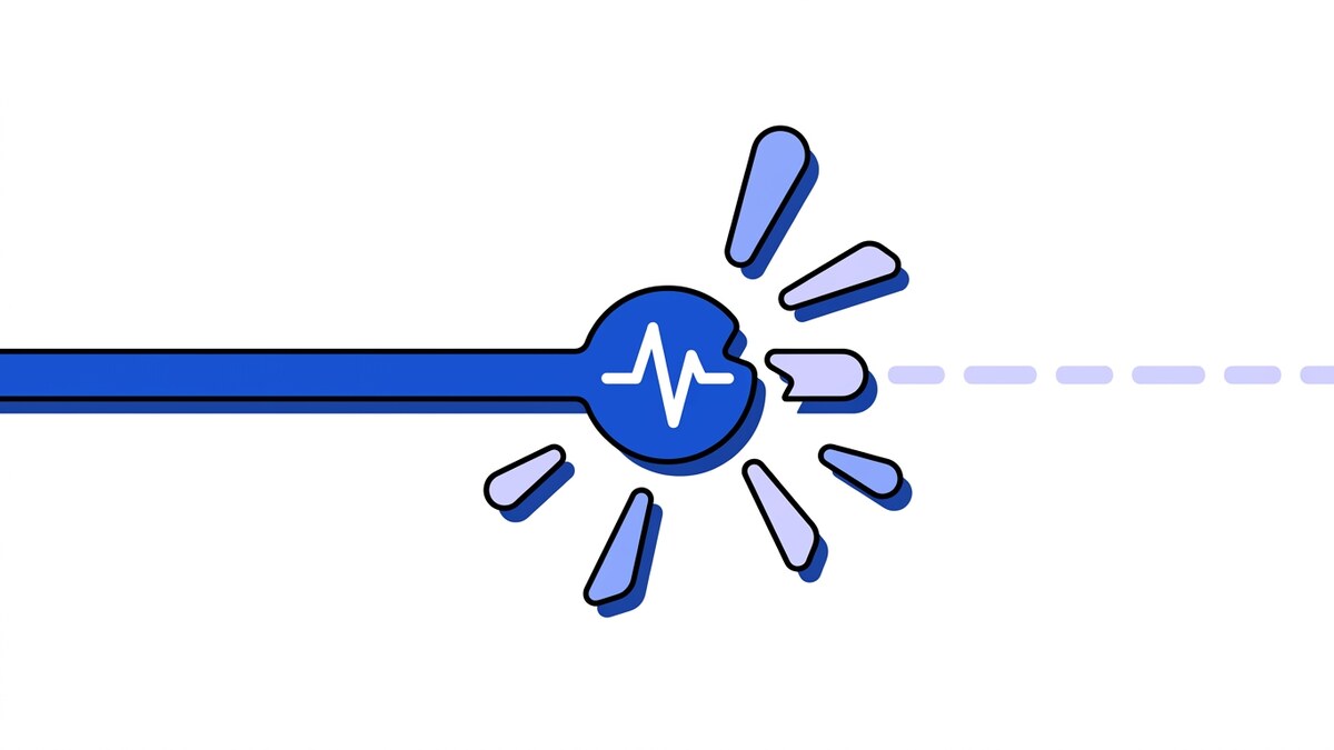 Flat illustration of failed signature verification: a delivery strand shattering into six splinters at a blue pulse node, continuing only as a dashed remnant.