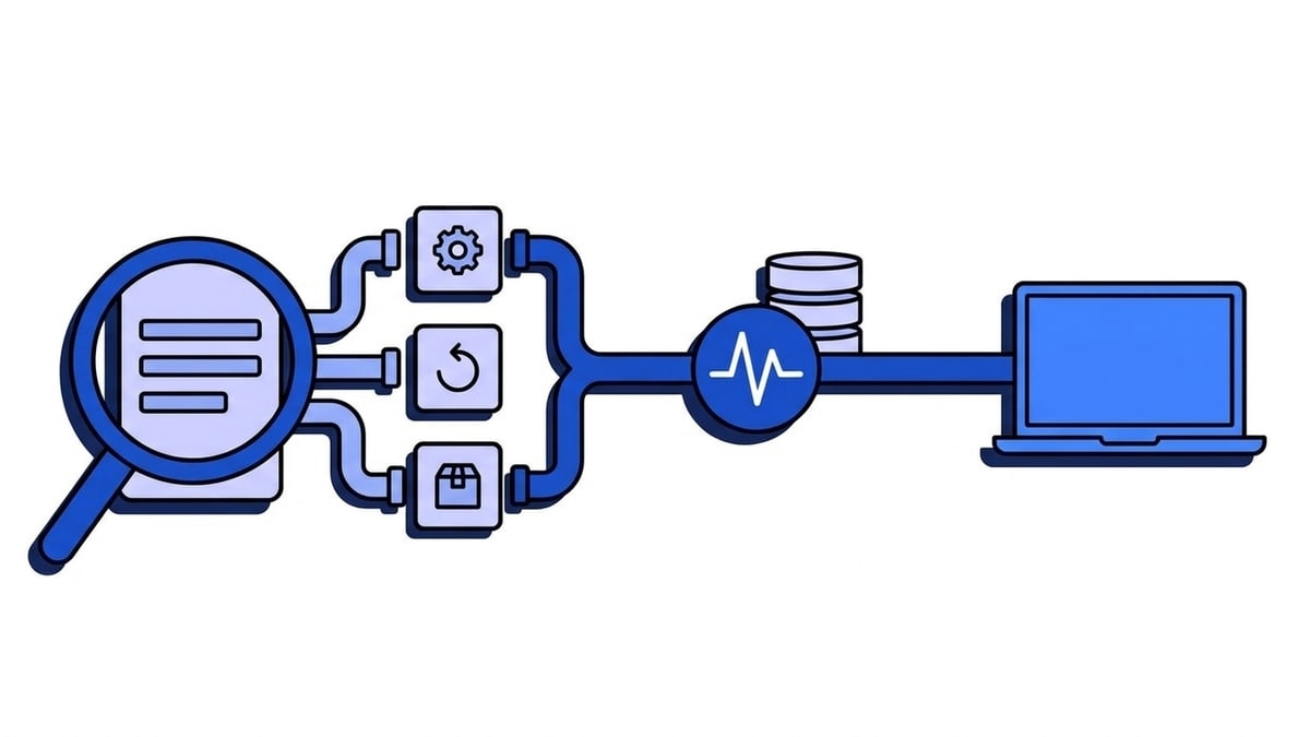 Flat illustration of webhook testing: a request card under a magnifying glass passes three small tool tiles, then flows through the blue Webhooker pulse node with a storage stack on to a laptop.