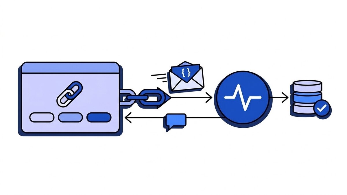 Flat illustration of a webhook URL: a browser card with a link icon sends an envelope of JSON along a chain into the blue Webhooker pulse node, on to a storage stack with a check mark, while a chat bubble travels back the other way.