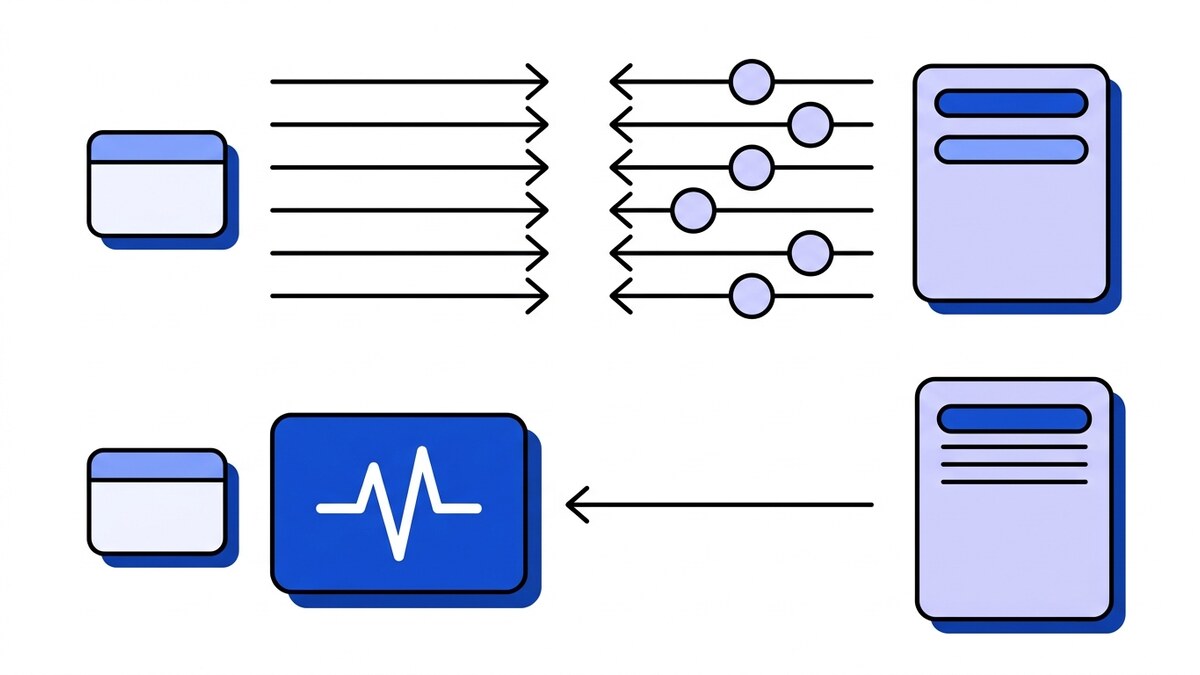 Flat illustration of webhooks versus API polling: six repeated requests each returning an empty response, against a single push delivering a blue card with the Webhooker pulse.