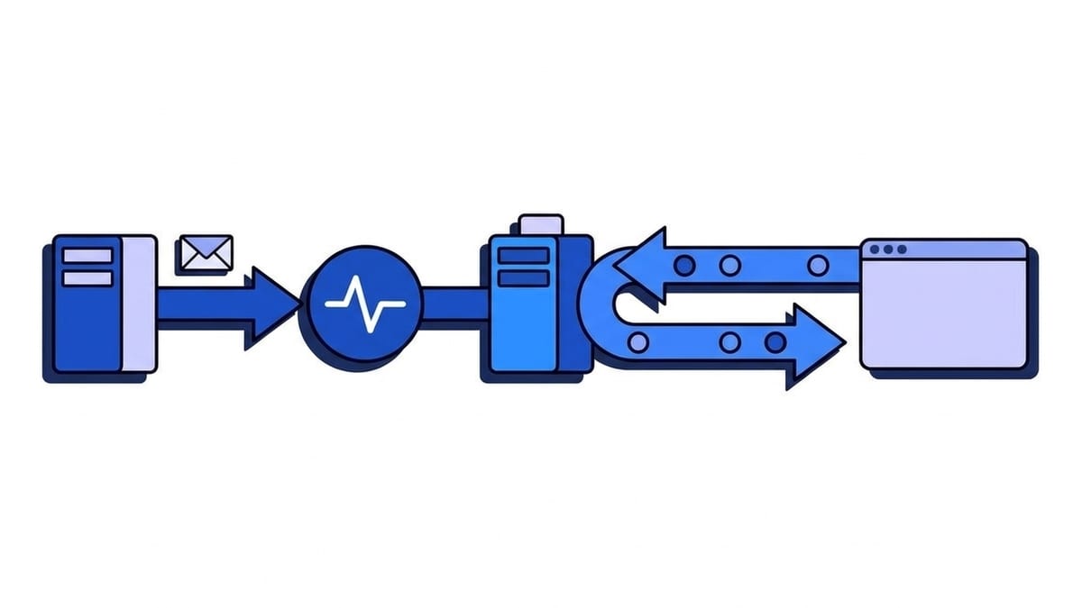 Flat illustration of webhook vs WebSocket: on the left a provider server sends one event card along a one-way arrow through the blue Webhooker pulse node to a backend server, and on the right the same backend holds an open two-way pipe to a browser window with small messages travelling in both directions.