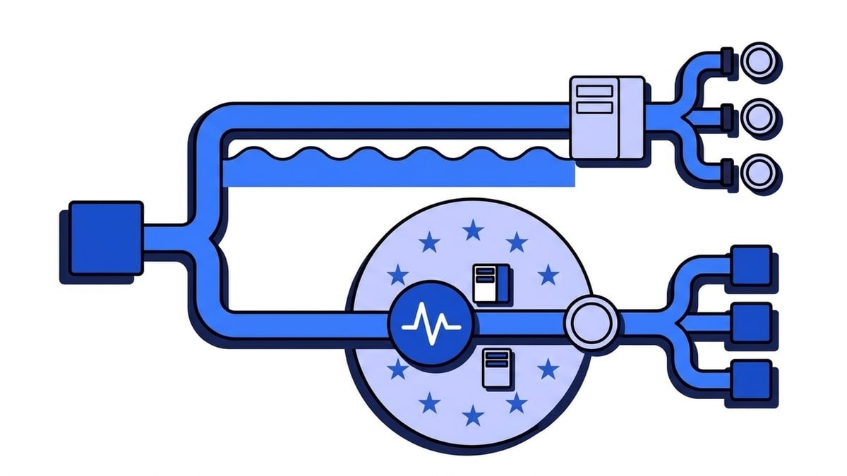 Flat illustration of one webhook taking two routes: the upper pipe crosses an ocean to a distant server and fans out to three destinations with a coin on each, while the lower pipe stays inside a ring of European stars, passes the blue Webhooker pulse node and one coin, then fans out to three destinations.