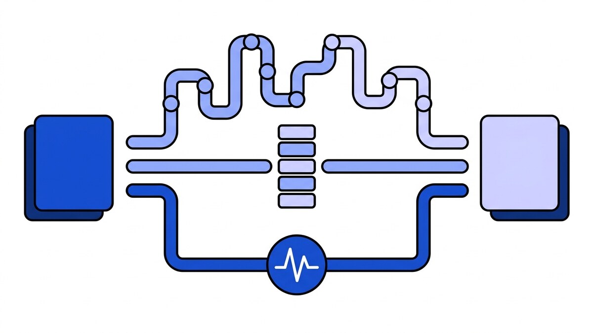 Flat illustration comparing three webhook platforms: one source and one destination joined by three different routes — a winding path, a path stacked with extra layers, and a direct one through a blue node carrying the Webhooker pulse.