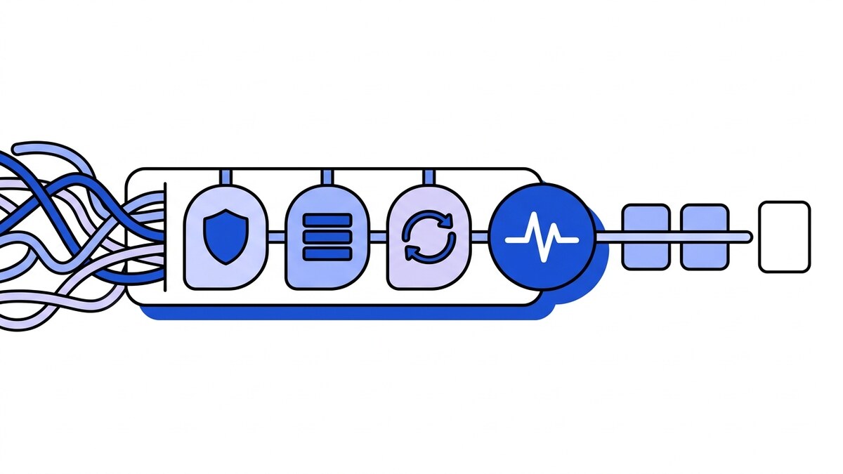 Flat illustration of a webhook gateway: tangled inbound connections entering a housing that verifies, stores and retries each event, leaving through a blue node with the Webhooker pulse as one evenly spaced stream.