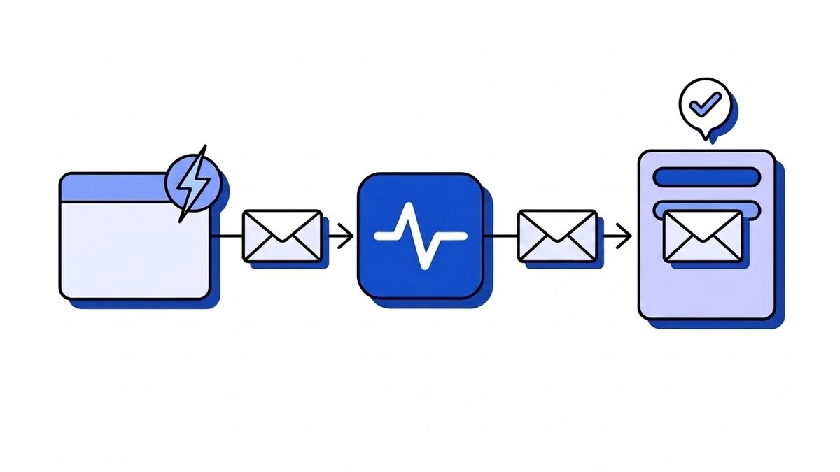 Flat illustration of a webhook: an event flashes in an application, an envelope travels through a blue pulse node, and a server receives it and confirms with a checkmark.