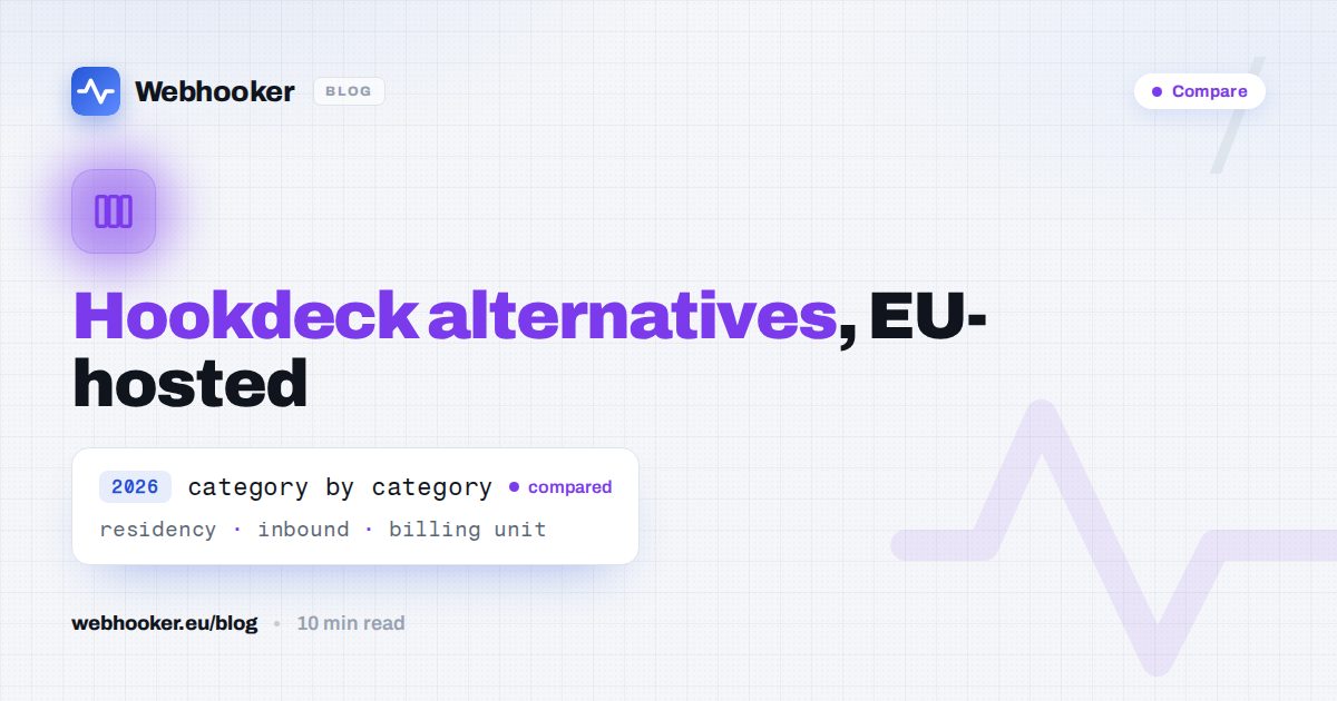 Webhooker blog cover: EU-hosted Hookdeck alternatives compared by category.