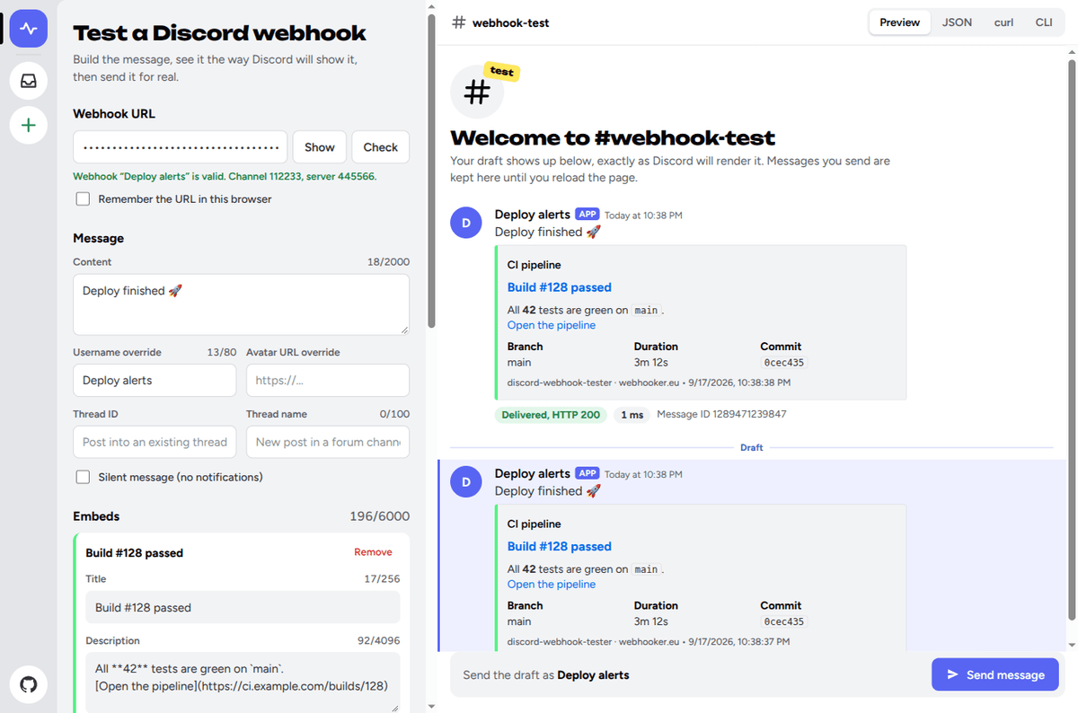 Discord Webhook Tester embed builder next to a live preview of the message