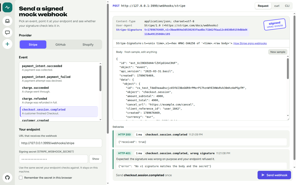 Webhook Mock Sender showing a signed Stripe request and the delivery result from a local endpoint