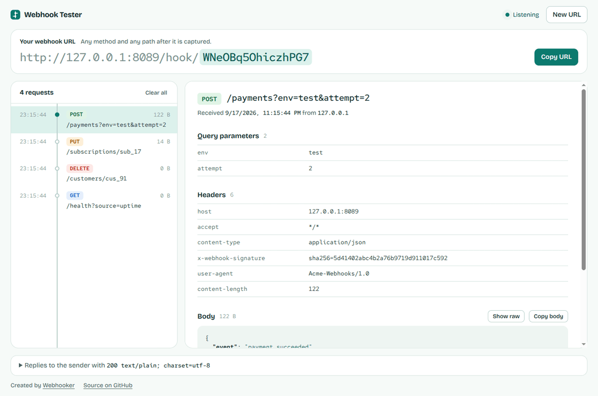 Webhook Tester showing a captured POST request with its headers and JSON body